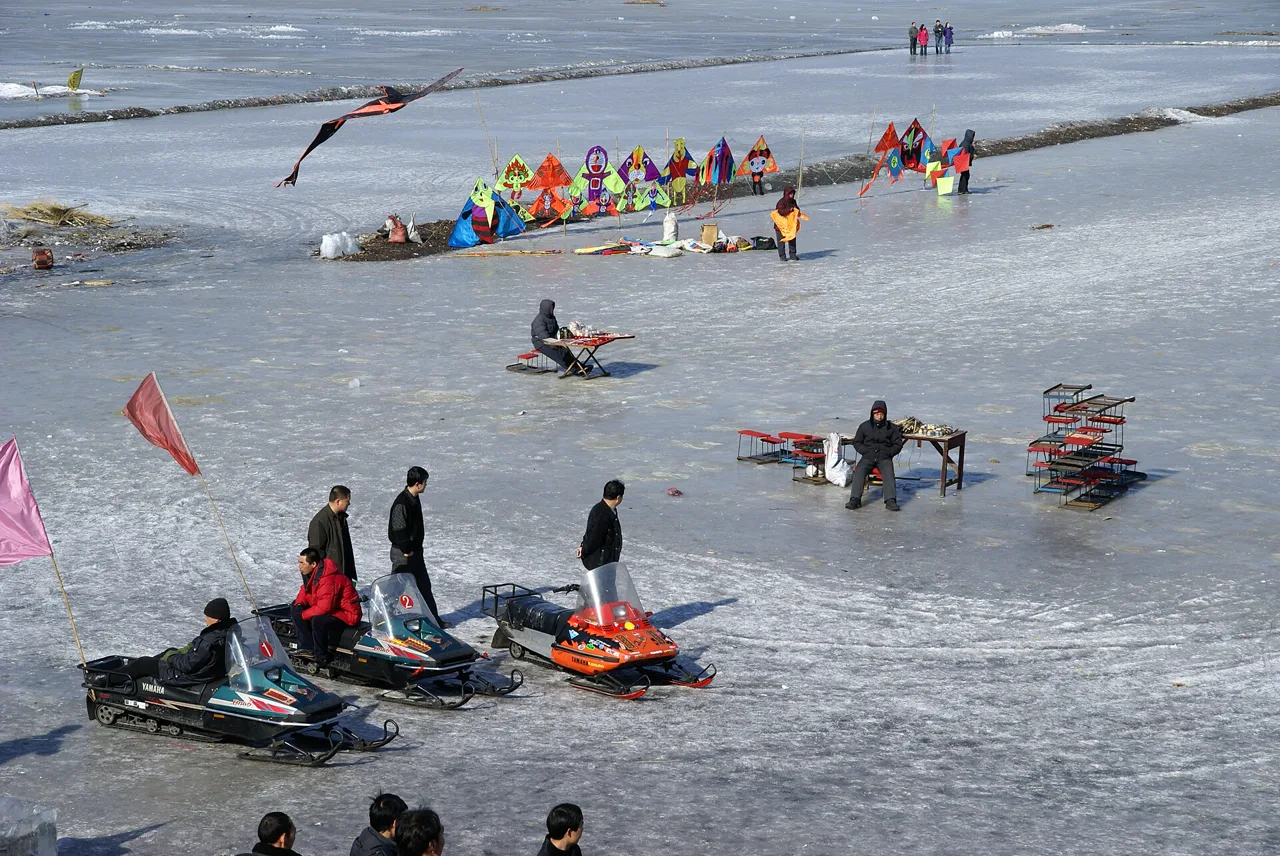 The frozen surface of the Songhua River in winter